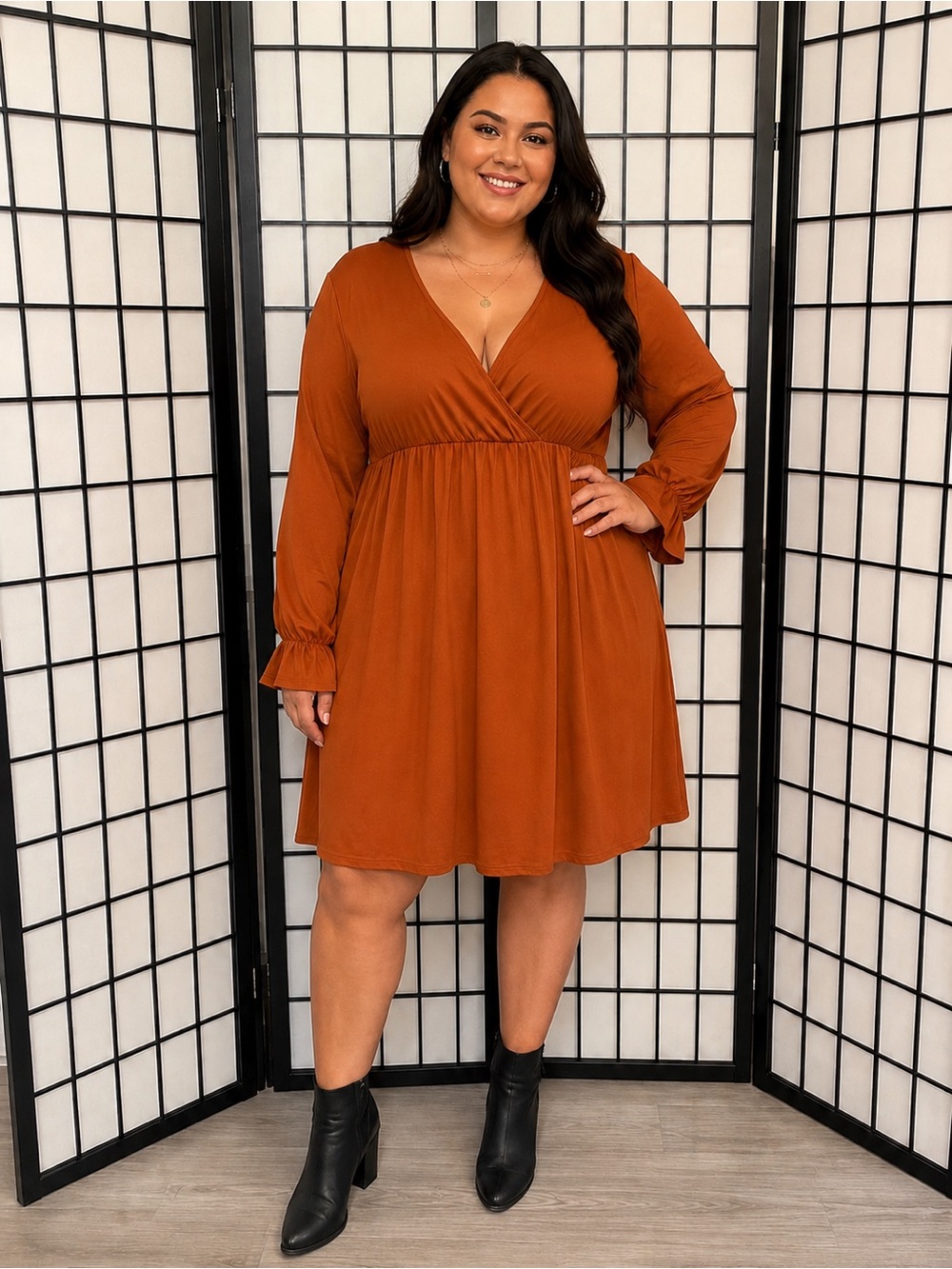 NWT Rust Orange Faux Wrap Long Sleeve Dress XL Boho Flowy Mini Dress